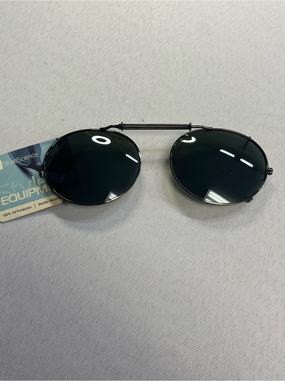 StyleScience Clip On Sunglasses Oval Dark Lens Adjustable Spring Bridge New